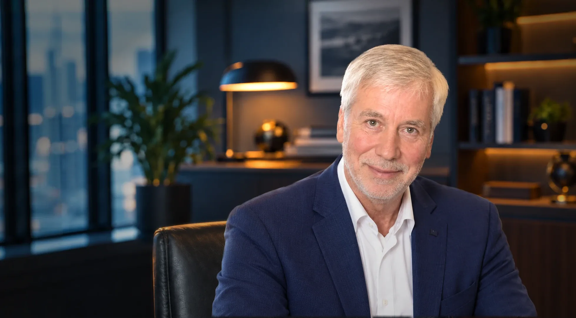 Werner Fürstenberg in einem Büro am Schreibtisch, dem Betrachter zugewandt